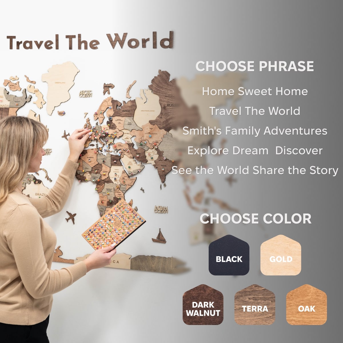 Wooden Map Quote Sign in Natural Oak for Travel Wall Displays