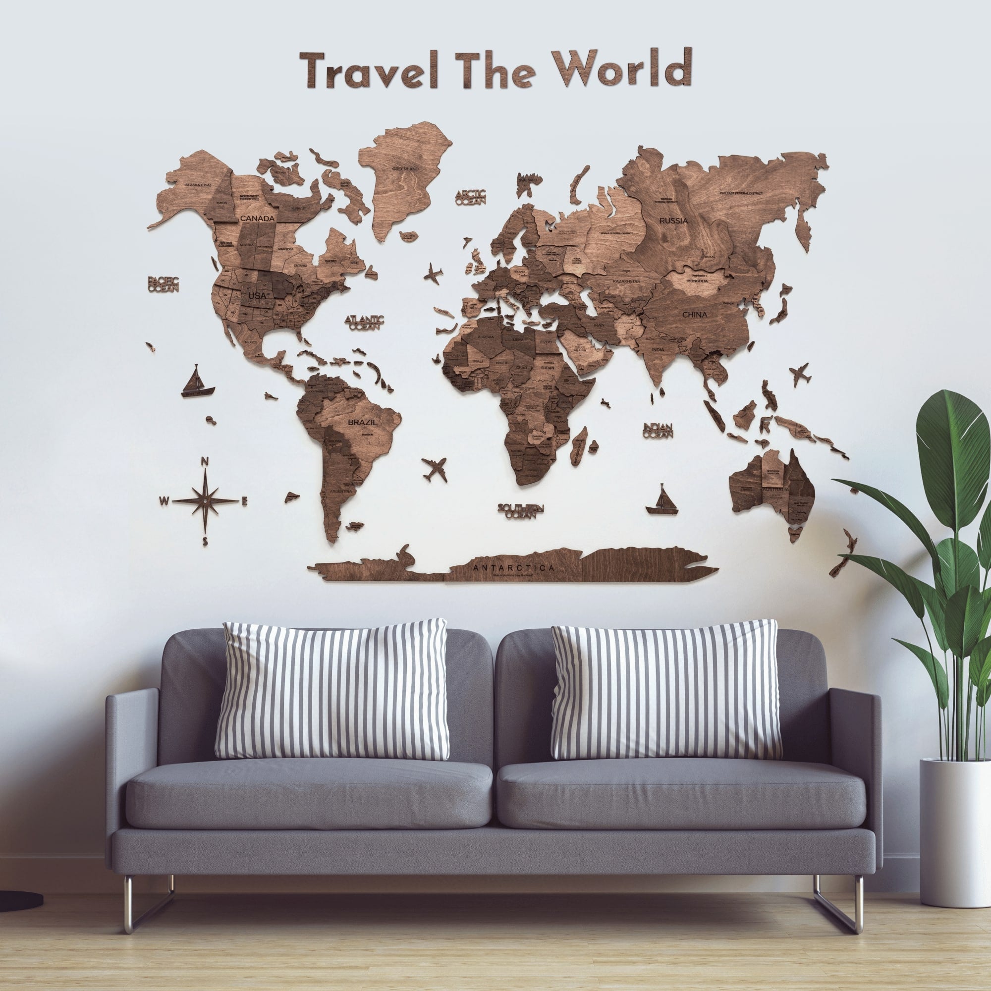 Dark Walnut wooden quote sign used as home decor for travel wall