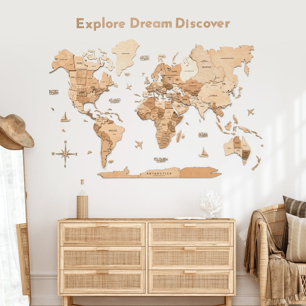 Wooden Map Quotes Wall Art – Modern Travel-Inspired Decor