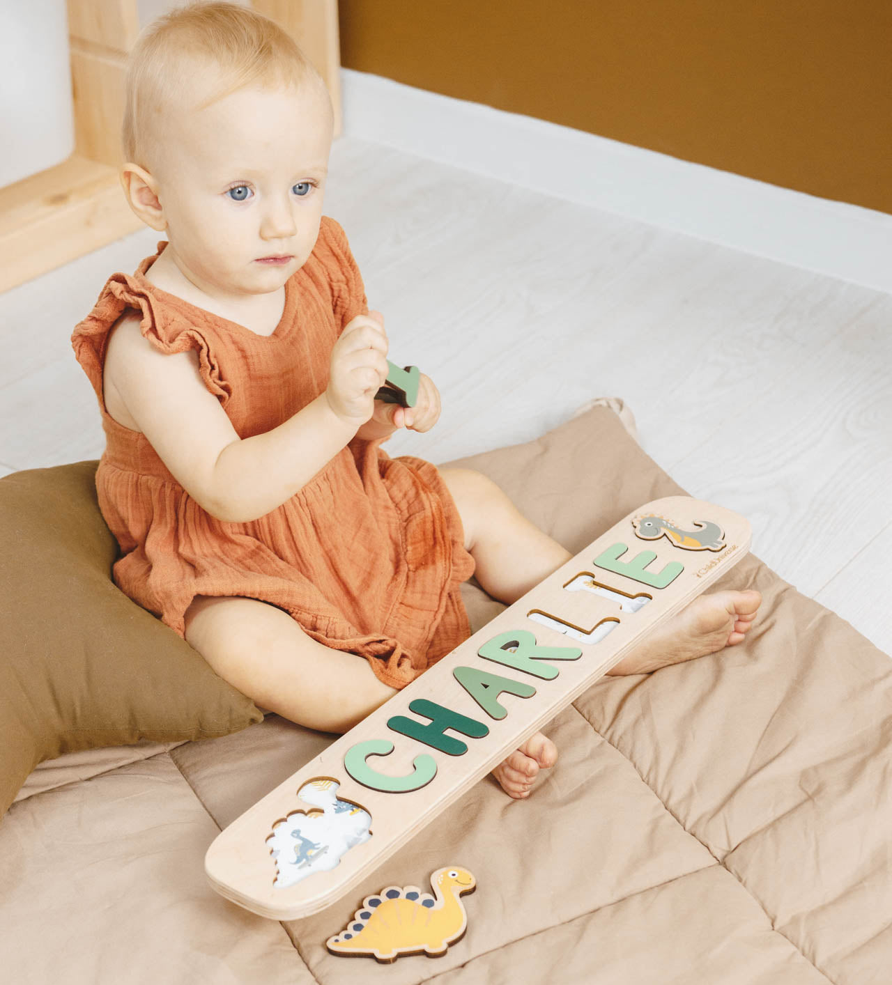 Neutral Dinosaur Name Puzzle for Kids Minimalist Nursery Decor