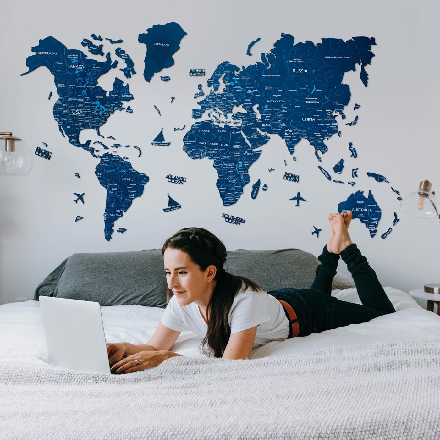 Wooden World Map Wall Art in Navy Blue - Handcrafted Decor
