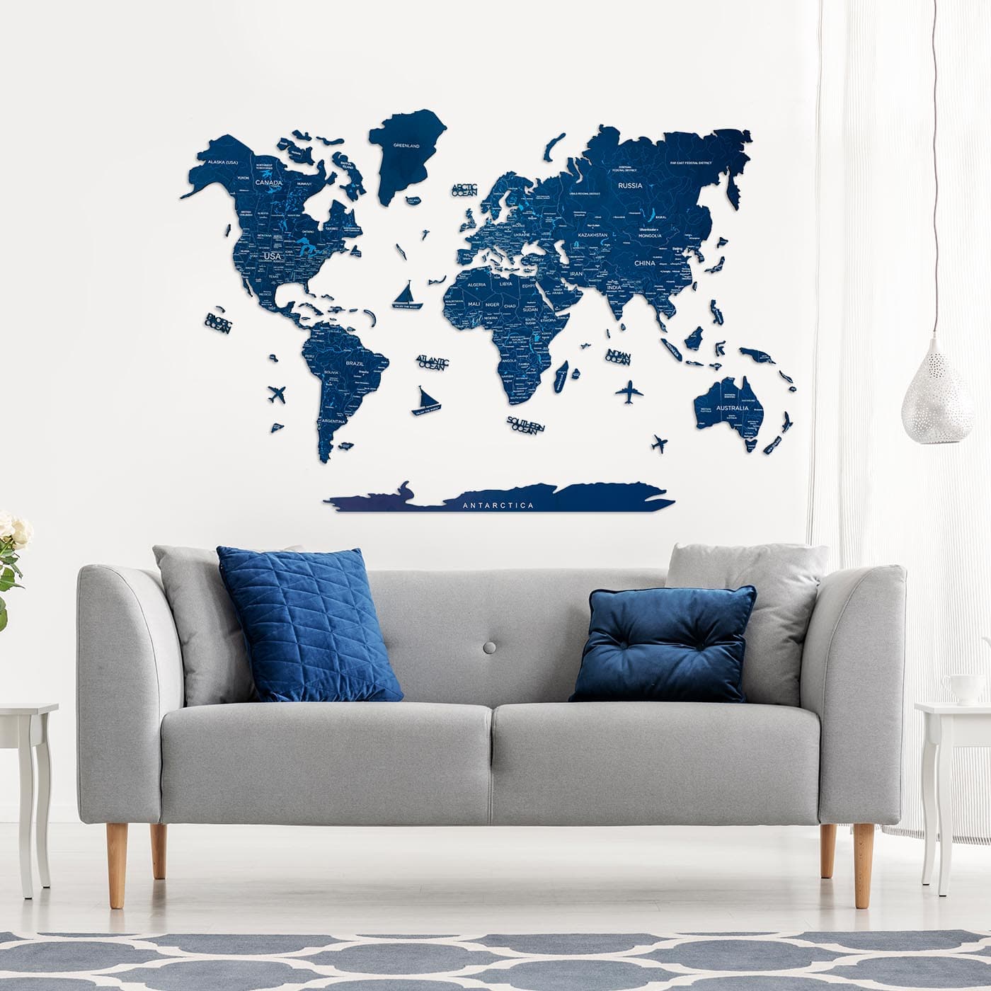 Wooden World Map Wall Art in Navy Blue - Handcrafted Decor