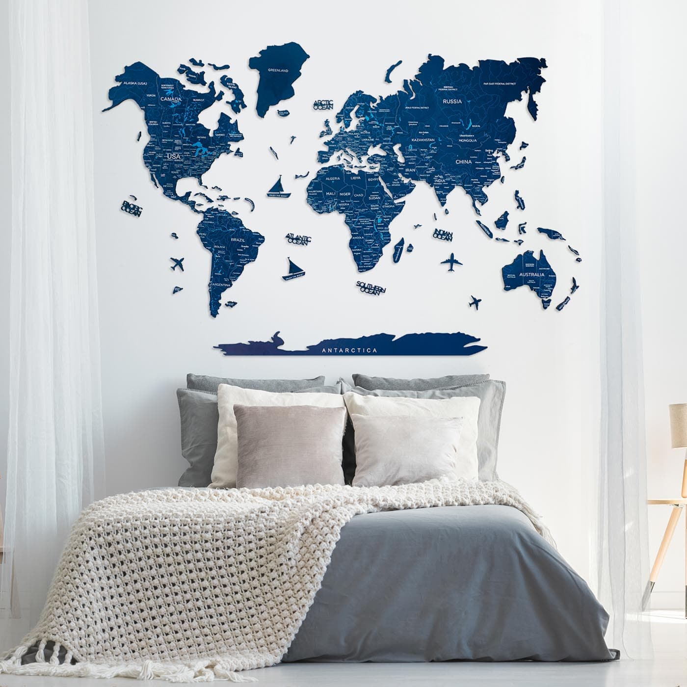 Handcrafted Navy Blue wooden world map wall decor with wooden planes and compass