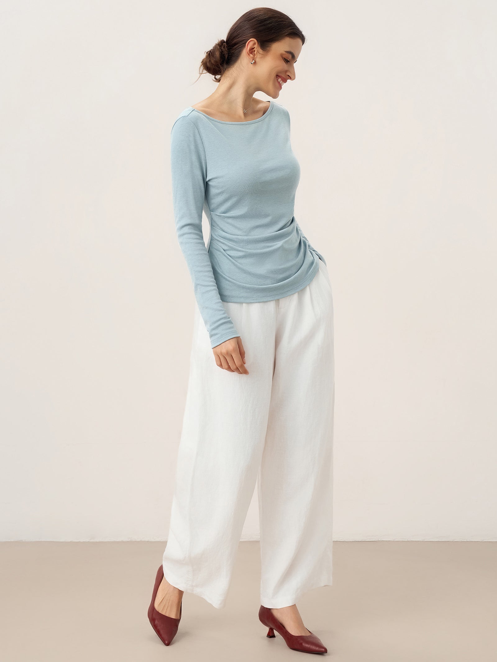 Wool Side Ruched Boat Neck Stretch Top VIVIEN