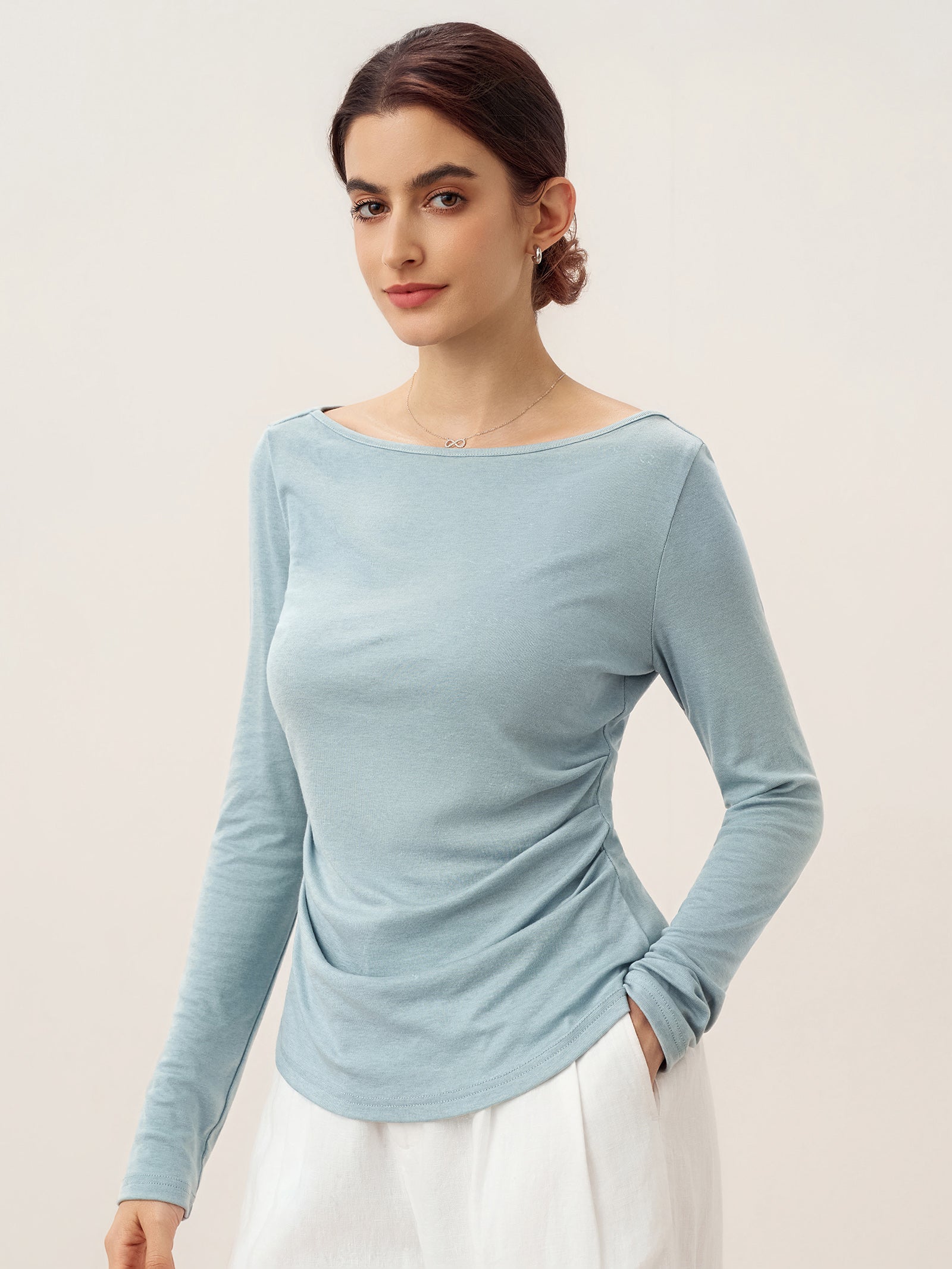 Wool Side Ruched Boat Neck Stretch Top VIVIEN