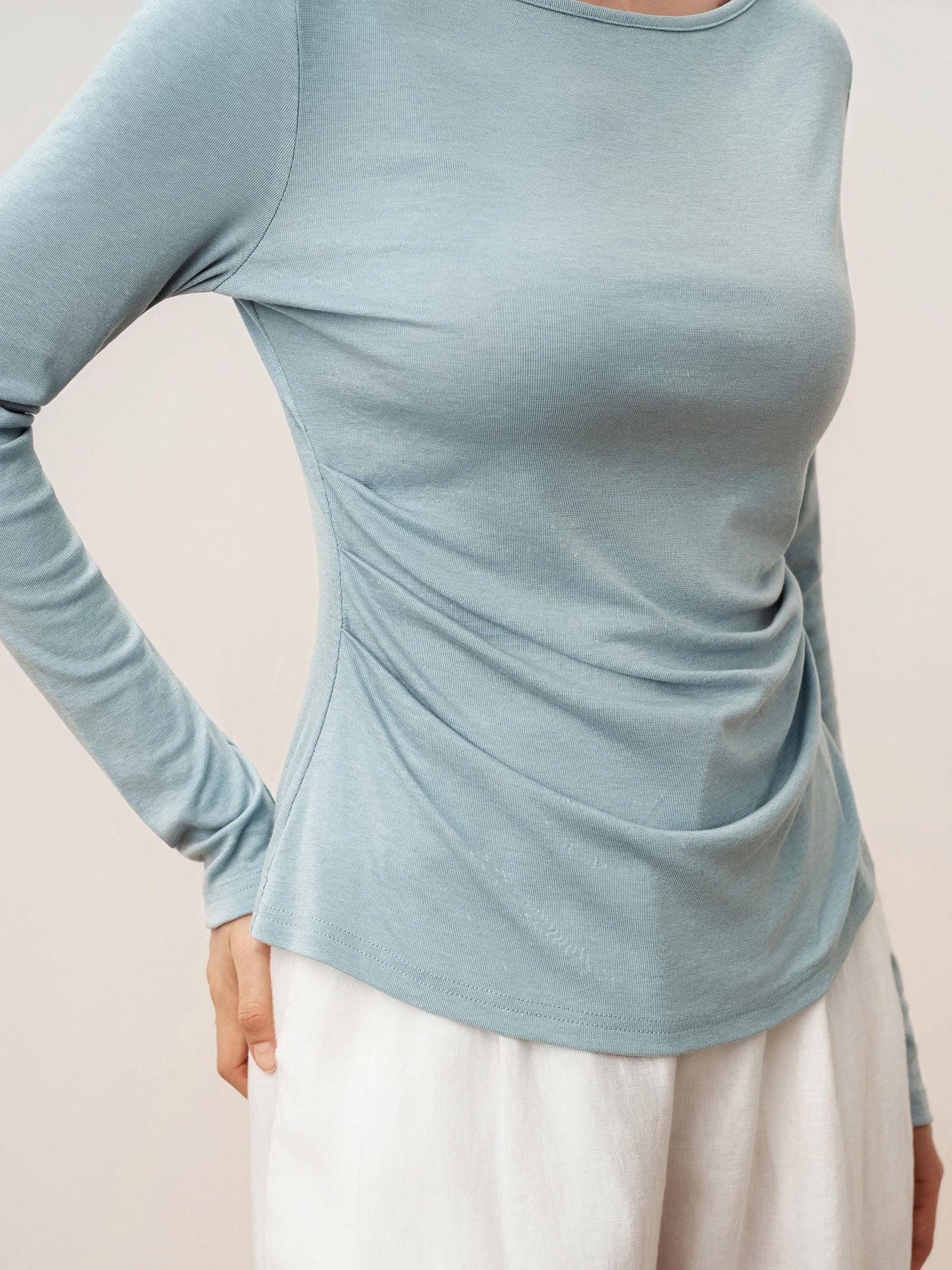 Wool Side Ruched Boat Neck Stretch Top VIVIEN
