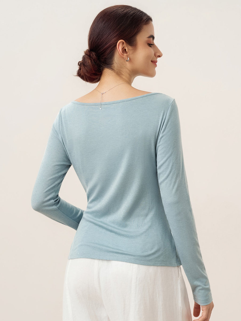 Wool Side Ruched Boat Neck Stretch Top VIVIEN