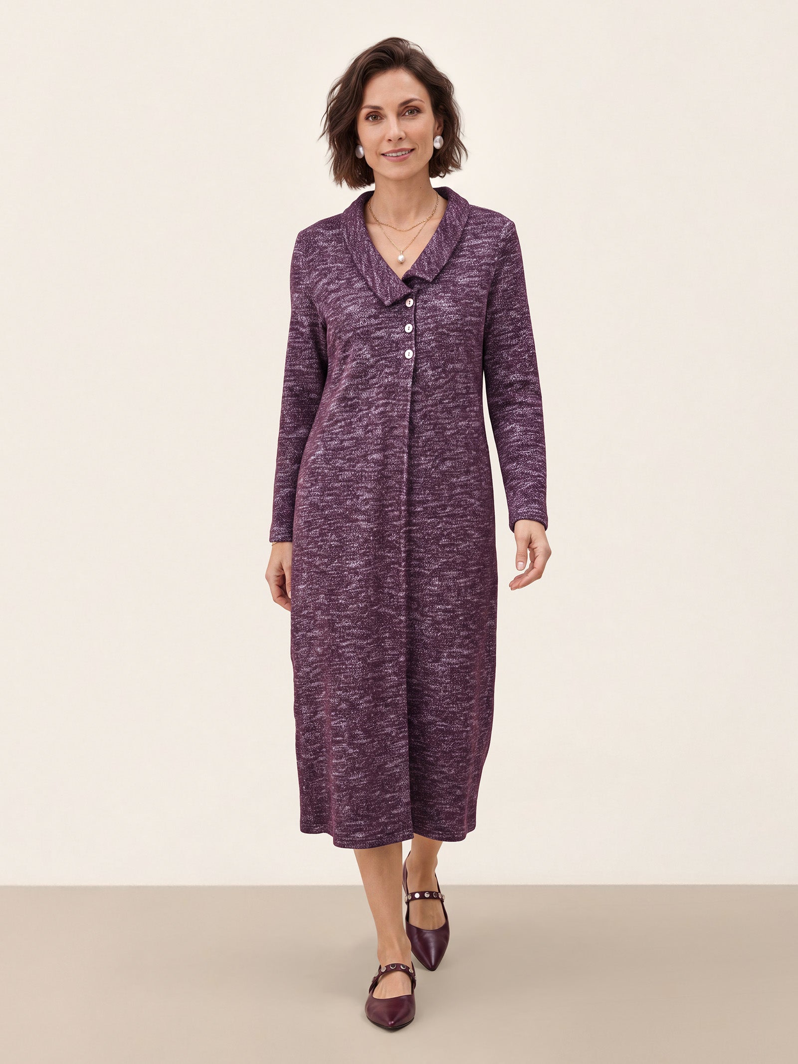Wool Cotton Melange Collared Knit Midi Dress CORALIE