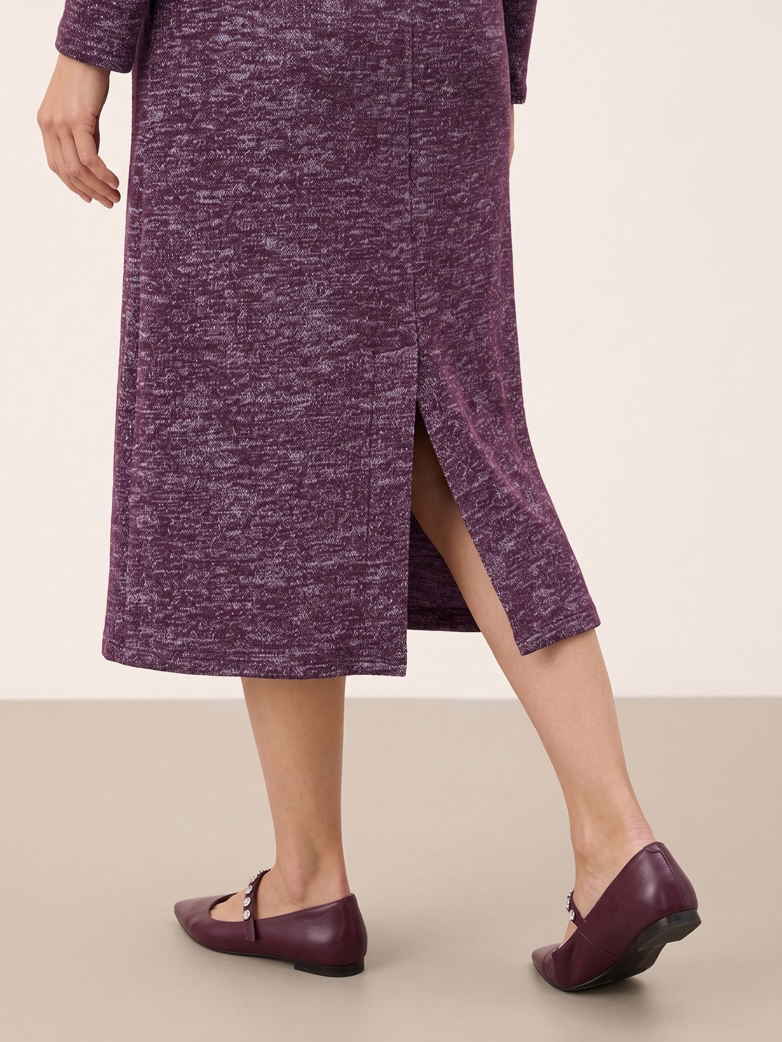 Wool Cotton Melange Collared Knit Midi Dress CORALIE