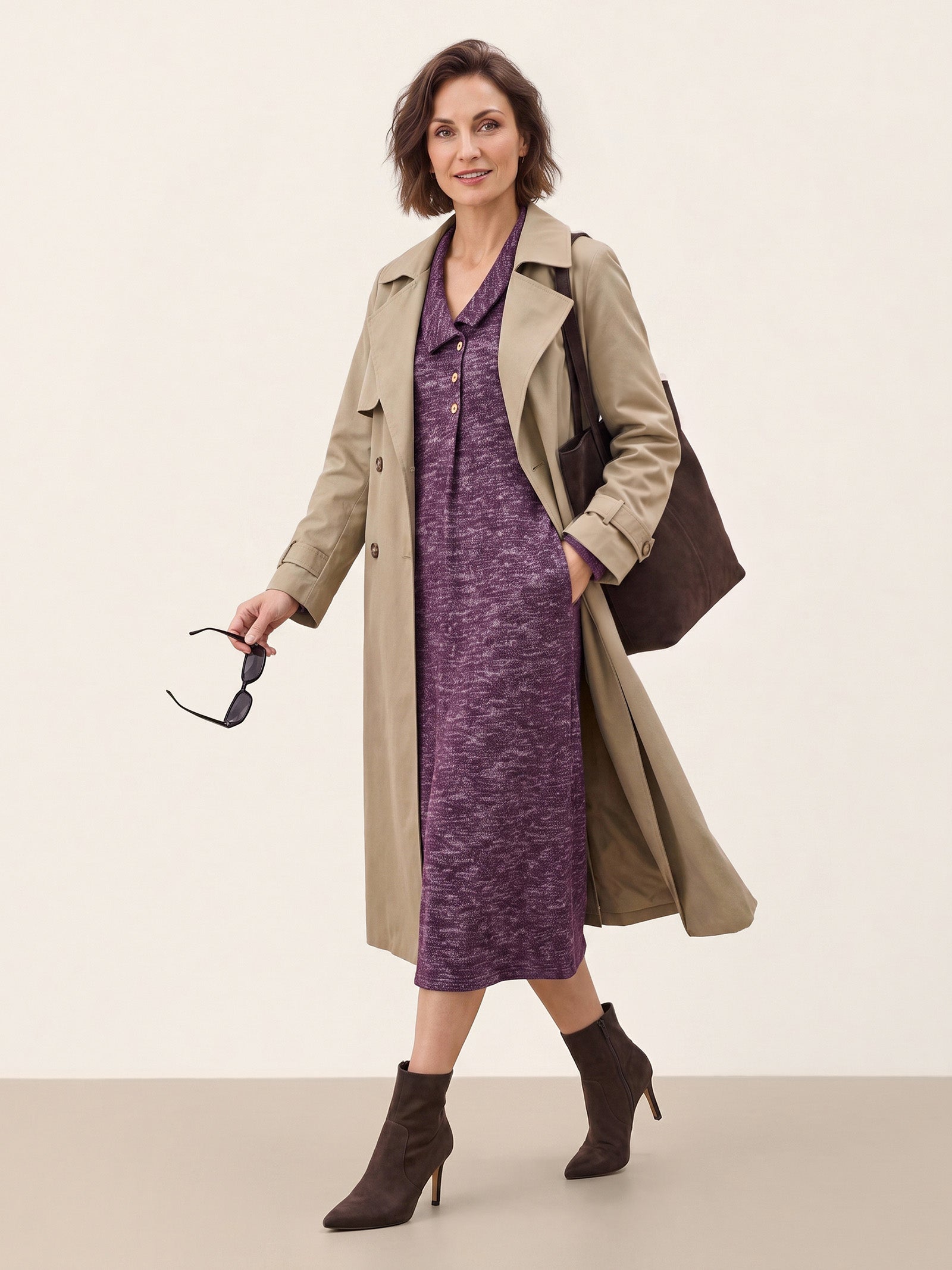 Wool Cotton Melange Collared Knit Midi Dress CORALIE