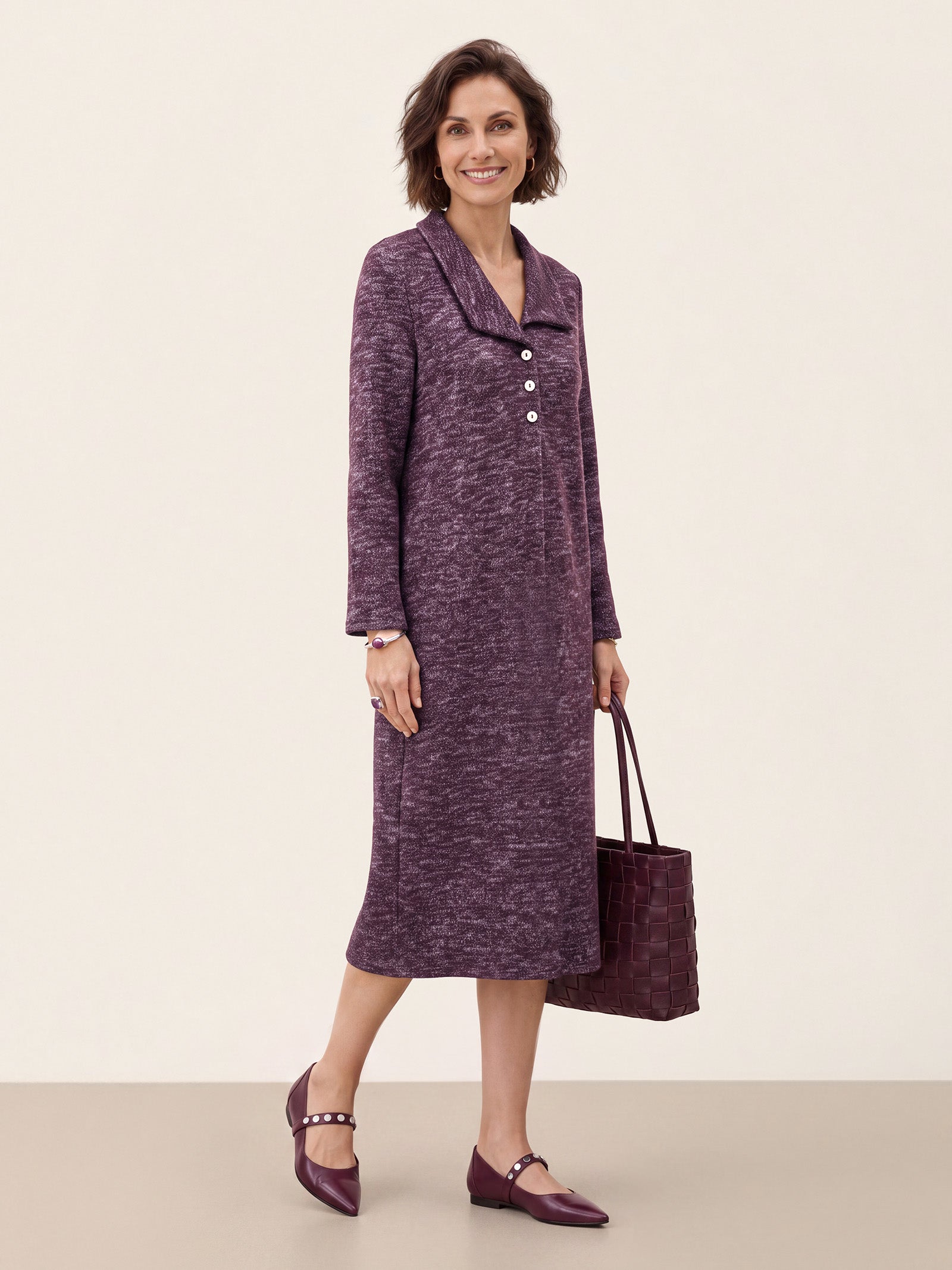 Wool Cotton Melange Collared Knit Midi Dress CORALIE