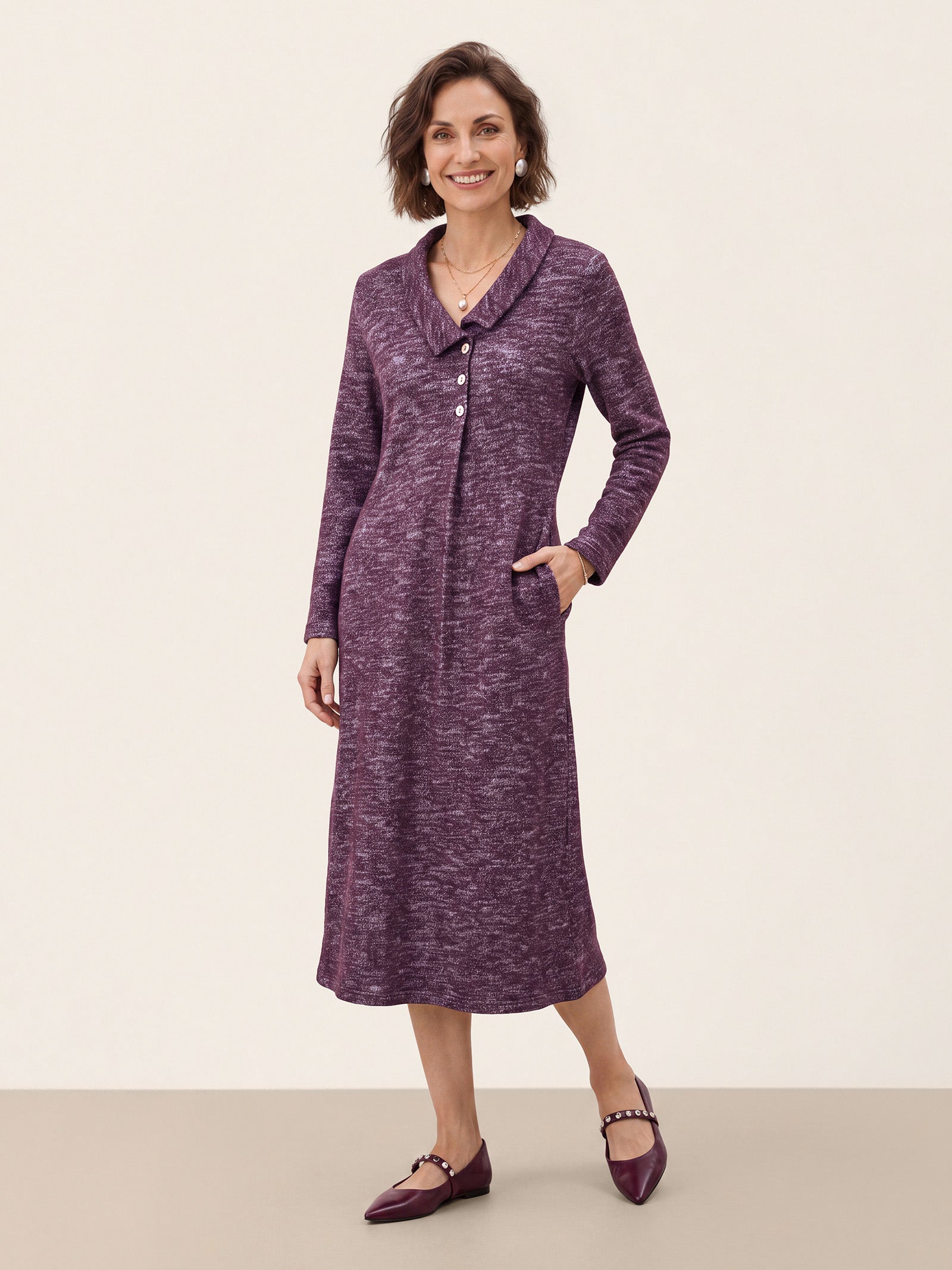 Wool Cotton Melange Collared Knit Midi Dress CORALIE