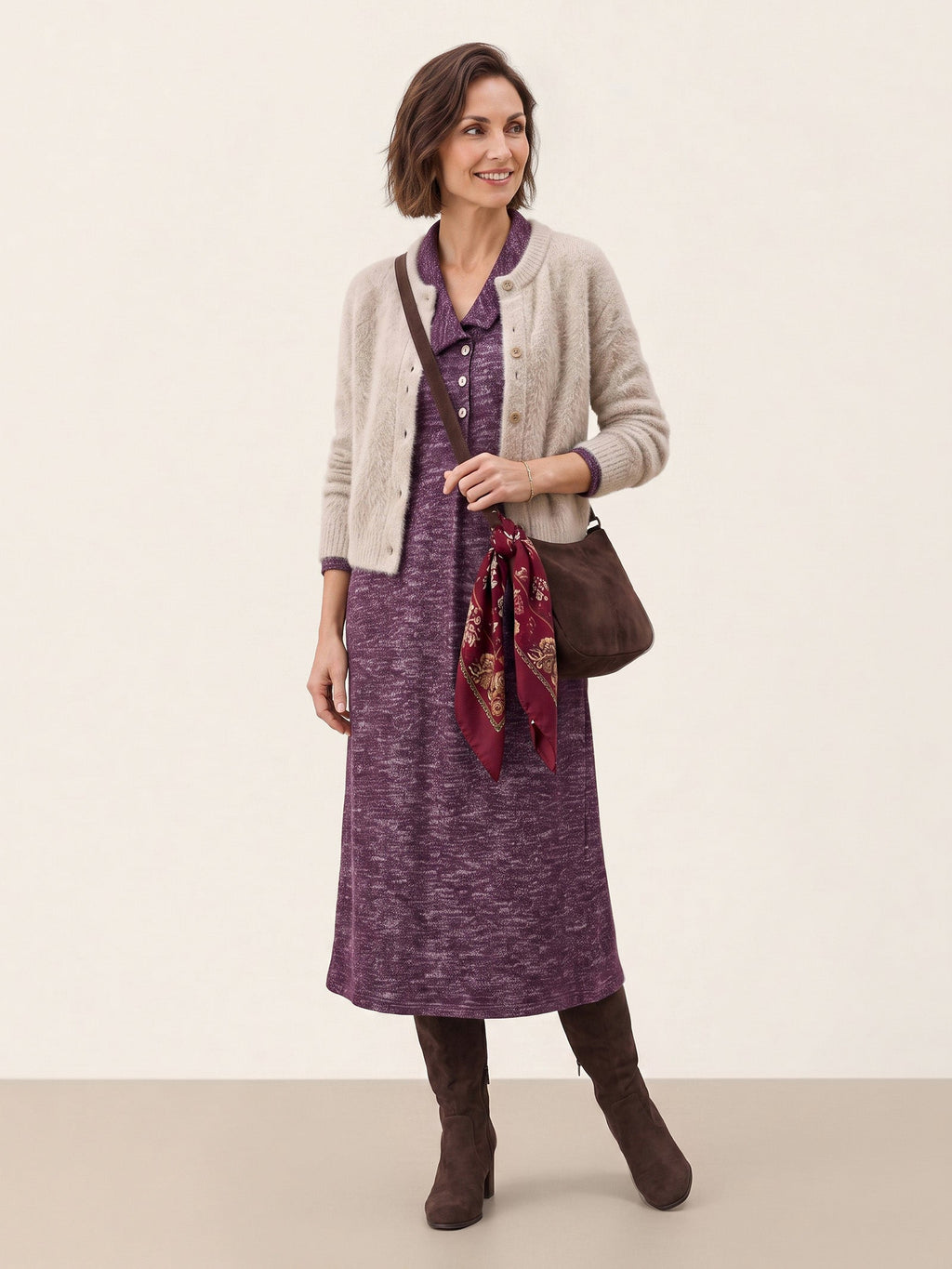 Wool Cotton Melange Collared Knit Midi Dress CORALIE