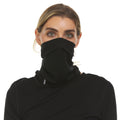 A solid black, lightweight merino wool half neck gaiter worn as a protective, minimalist face and neck cover.
