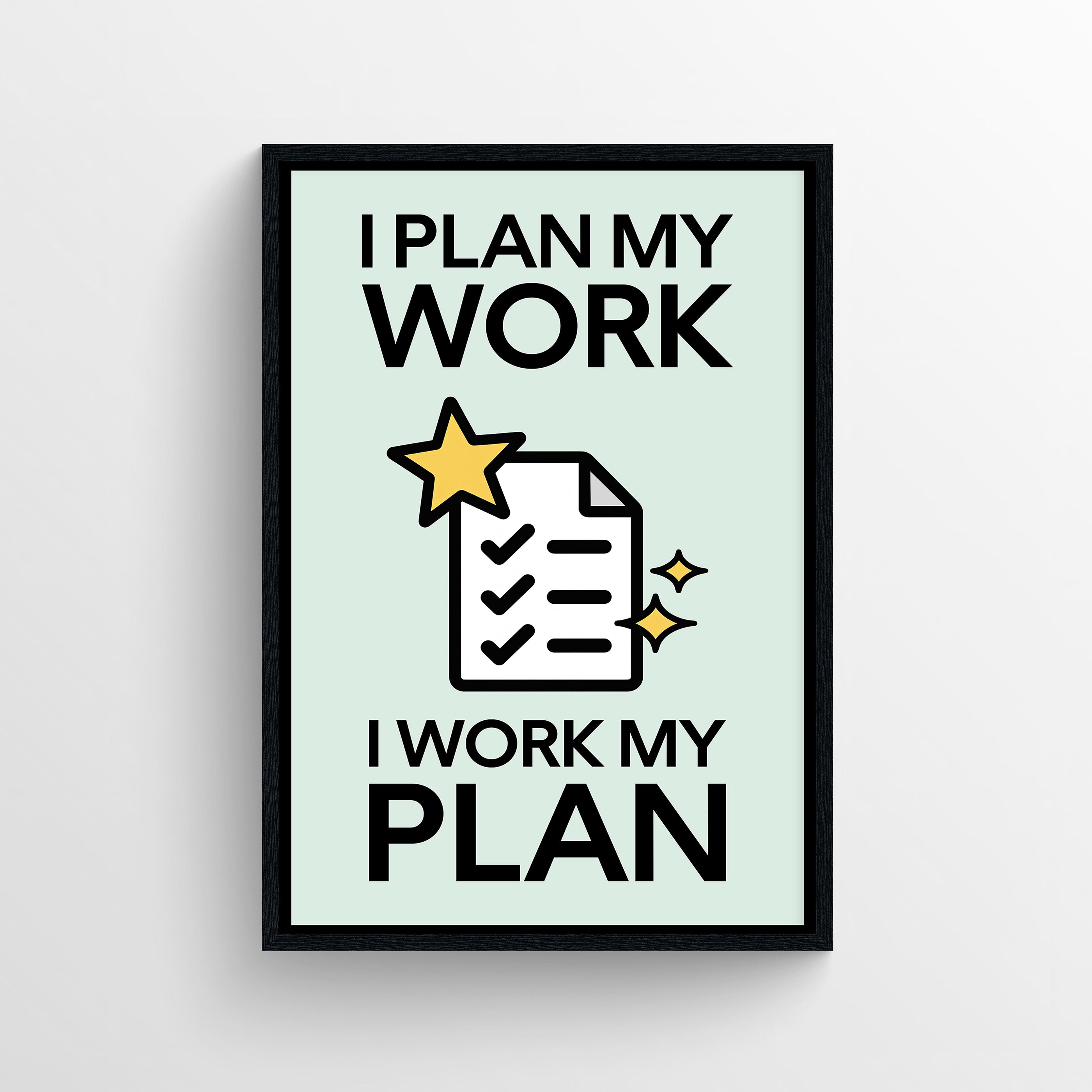Pastel-toned Work the Plan Monopoly wall art print featuring bold typography and a gold-star checklist graphic.