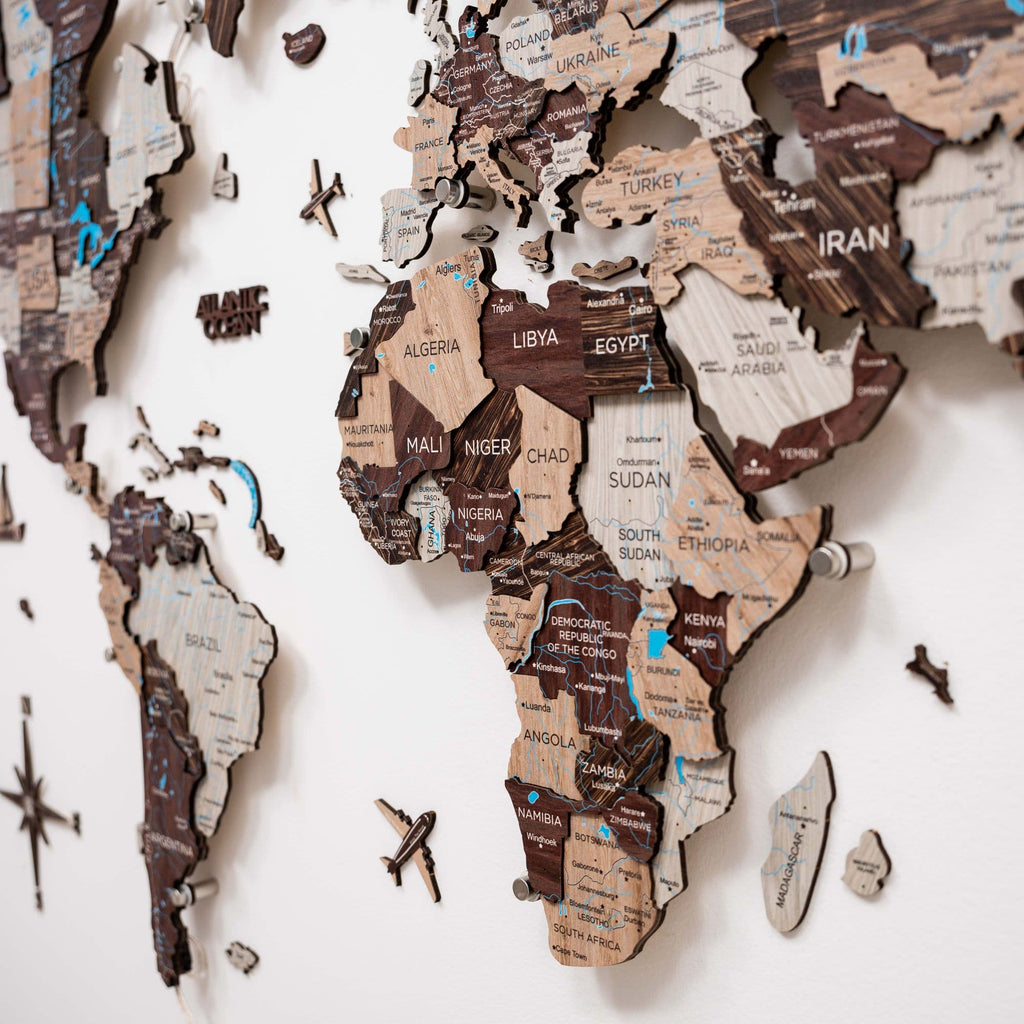 3D LED Luminous Wooden World Map 3.0 Cappuccino Wall Decor