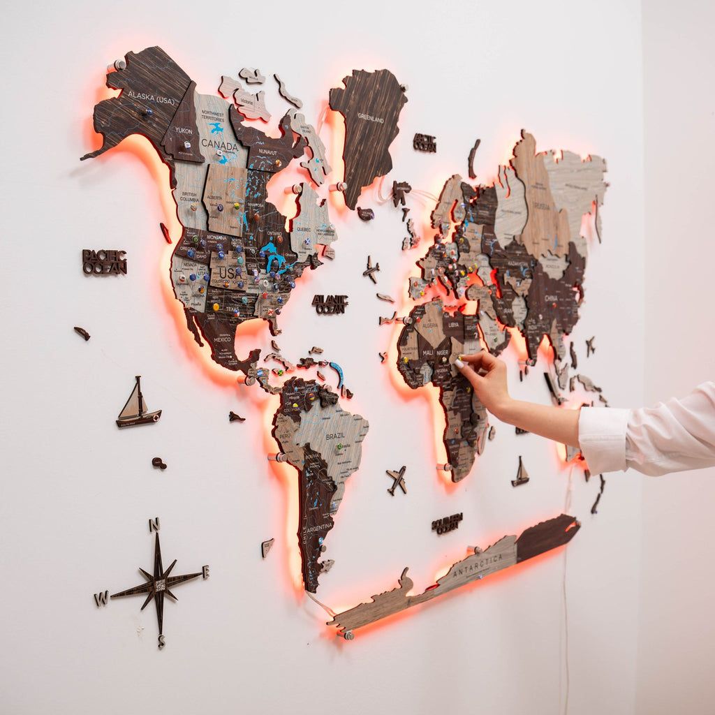 3D LED Luminous Wooden World Map 3.0 Cappuccino Wall Decor