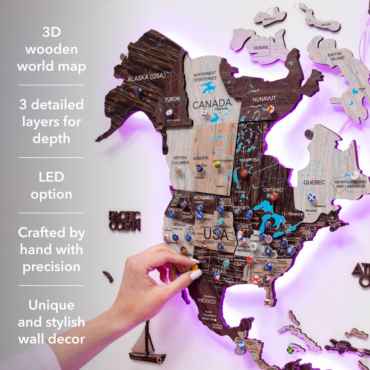 3D LED Luminous Wooden World Map 3.0 Cappuccino Wall Decor