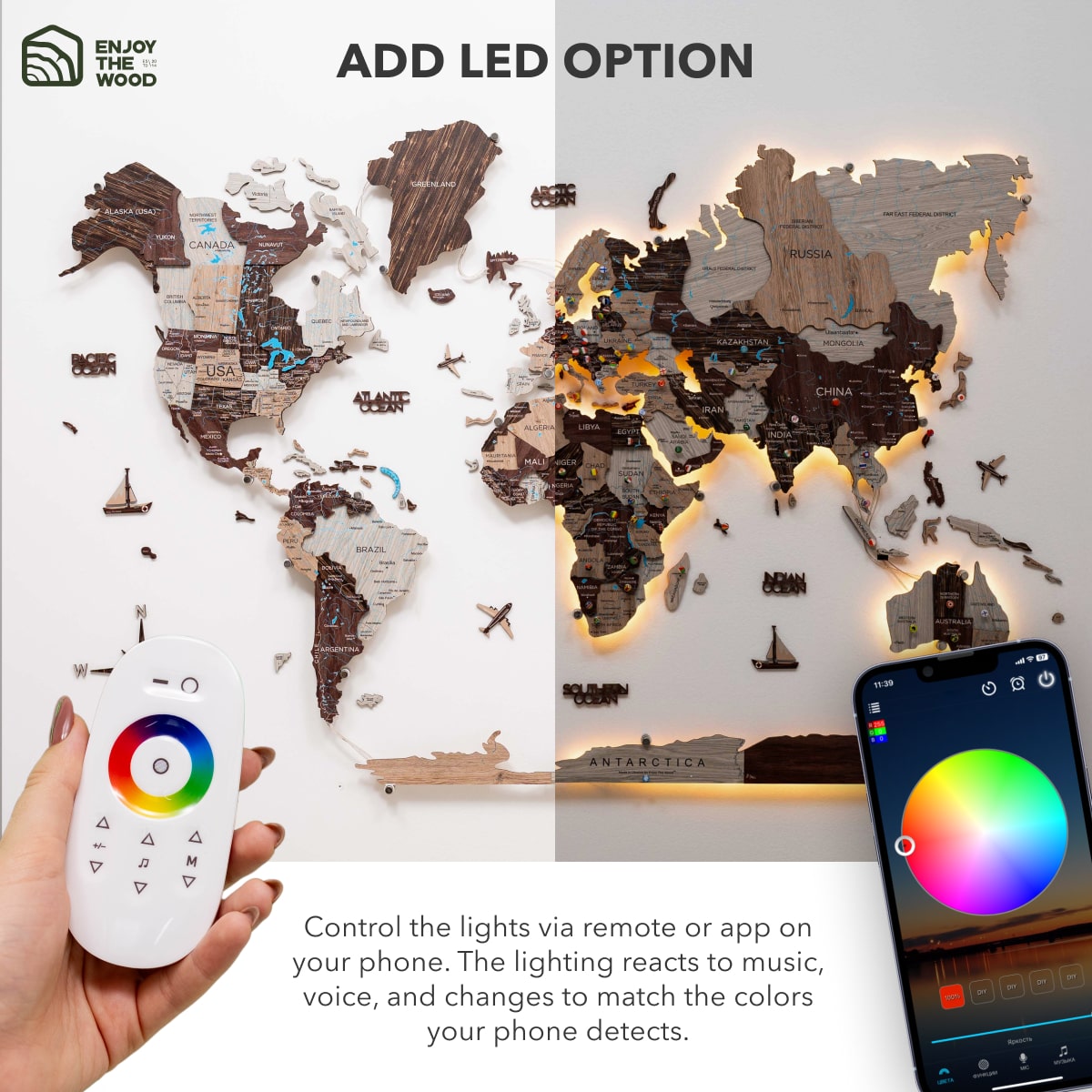 3D LED Luminous Wooden World Map 3.0 Cappuccino Wall Decor