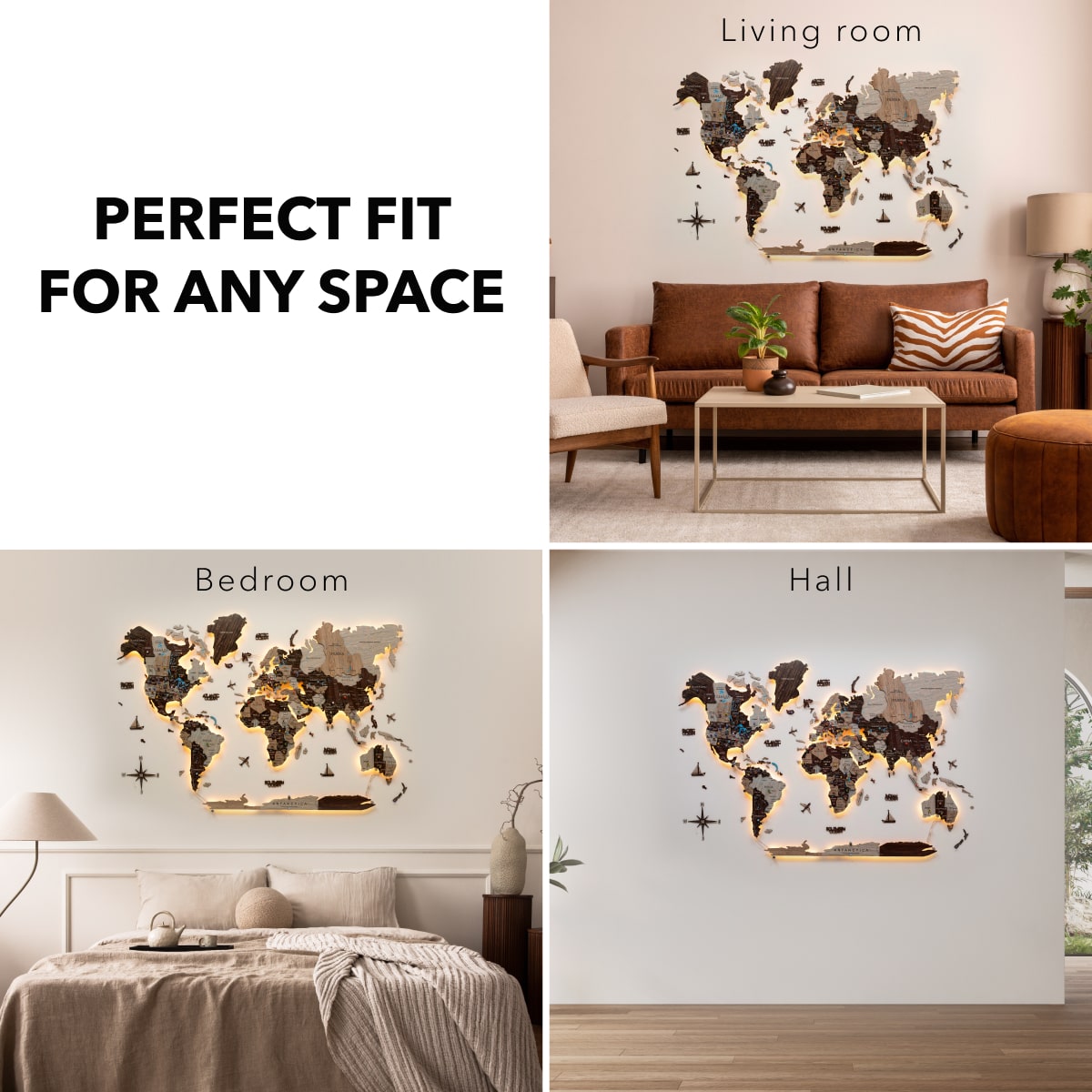 3D LED Luminous Wooden World Map 3.0 Cappuccino Wall Decor