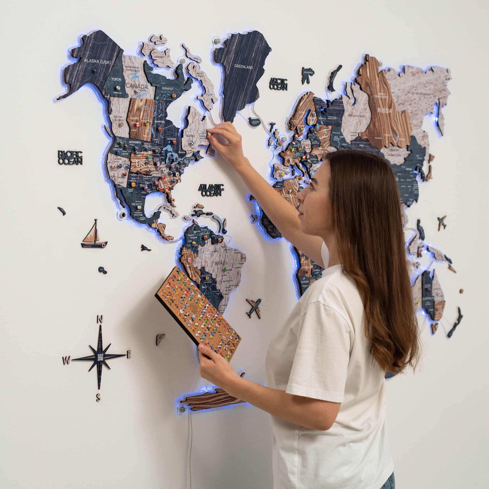 3D Luminous LED Wooden World Map 2.0 Mystery Wall Art Decor