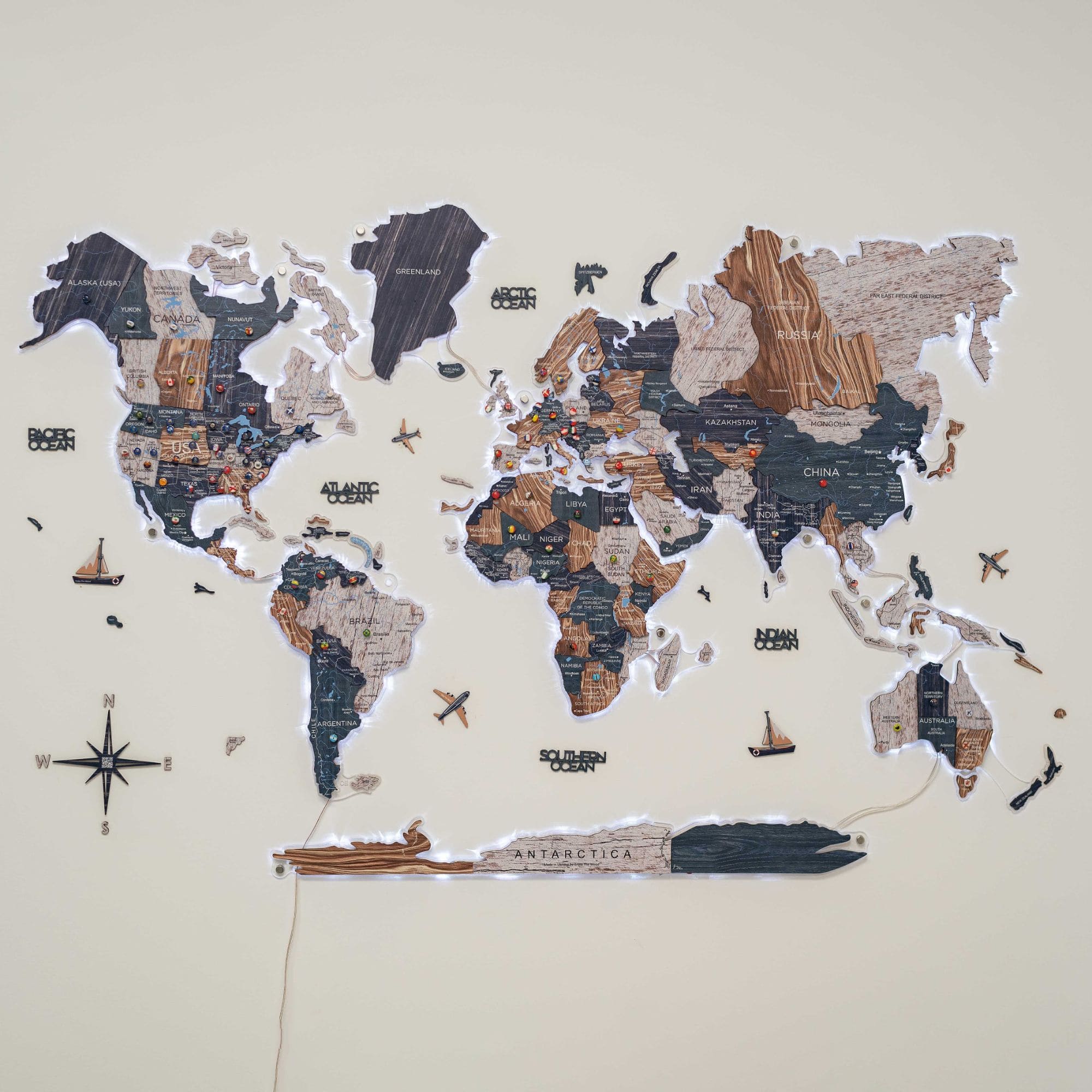 3D Luminous LED Wooden World Map 2.0 Mystery Wall Art Decor