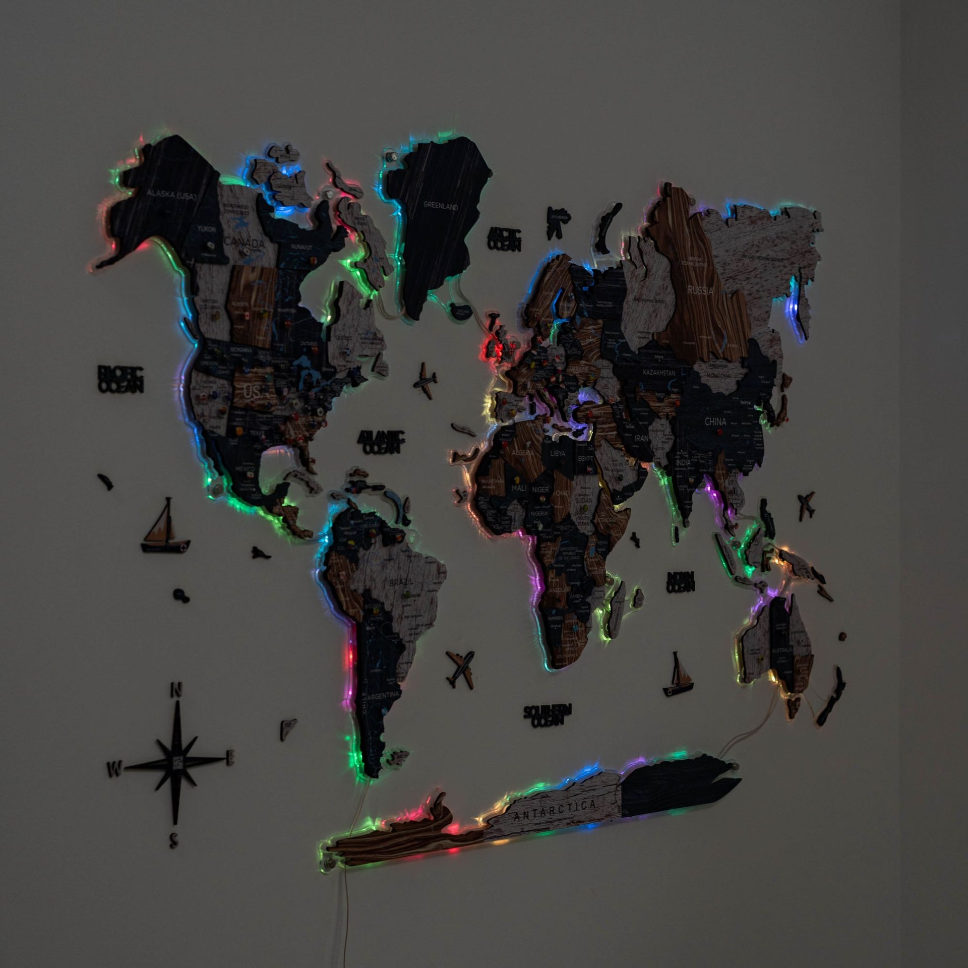 3D Luminous LED Wooden World Map 2.0 Mystery Wall Art Decor