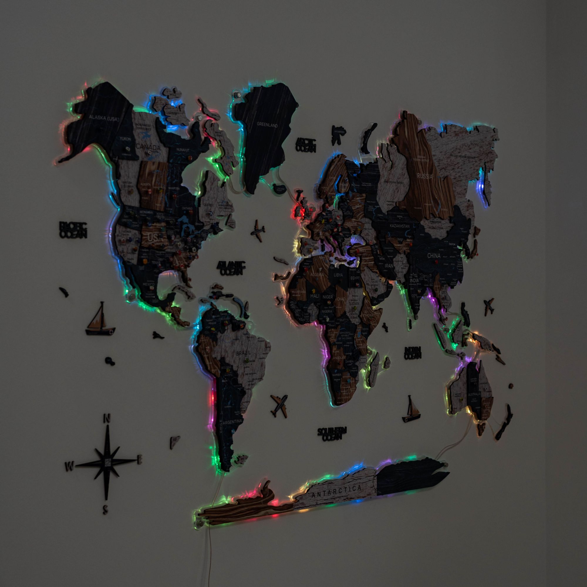 3D Luminous LED Wooden World Map 2.0 Mystery Wall Art Decor