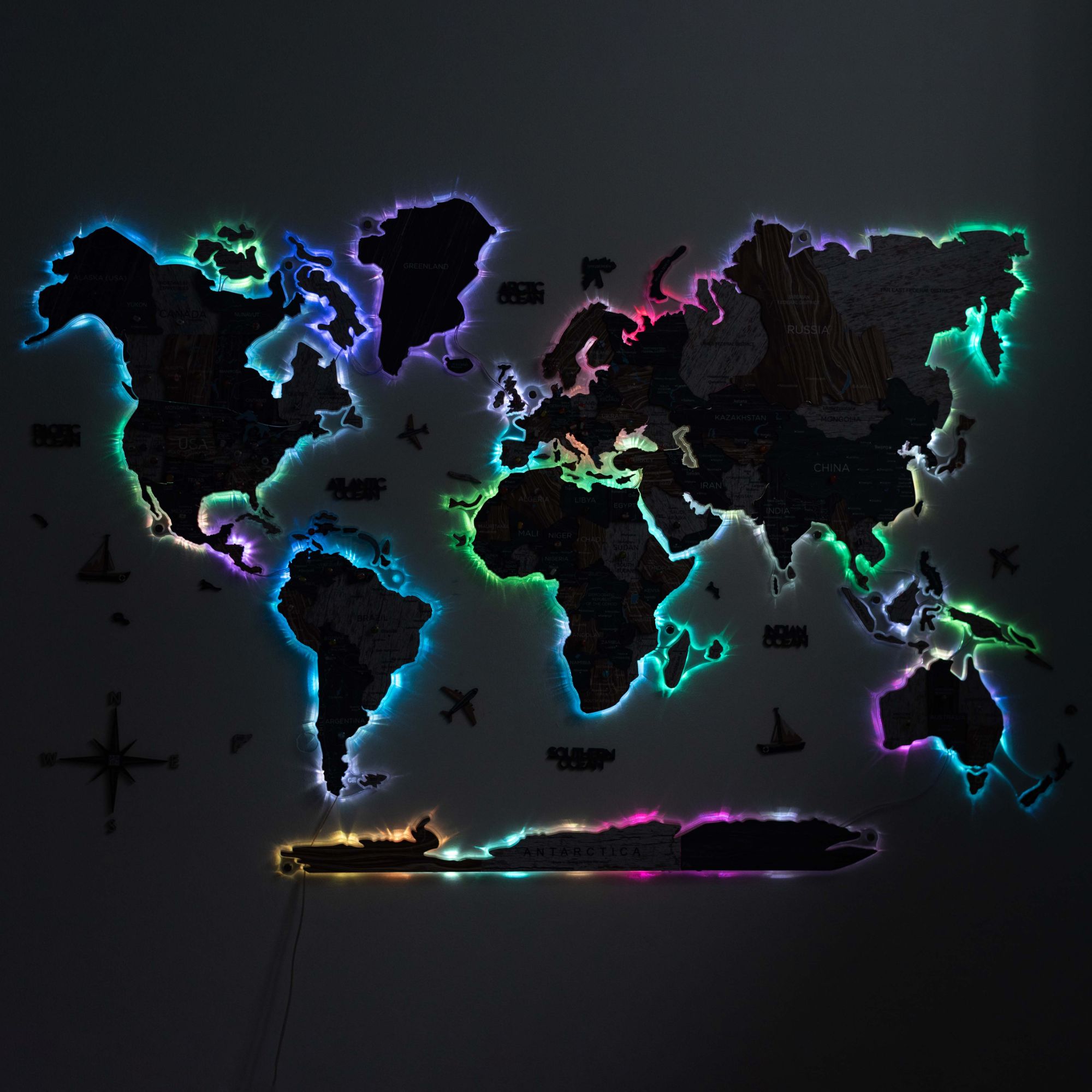 3D Luminous LED Wooden World Map 2.0 Mystery Wall Art Decor