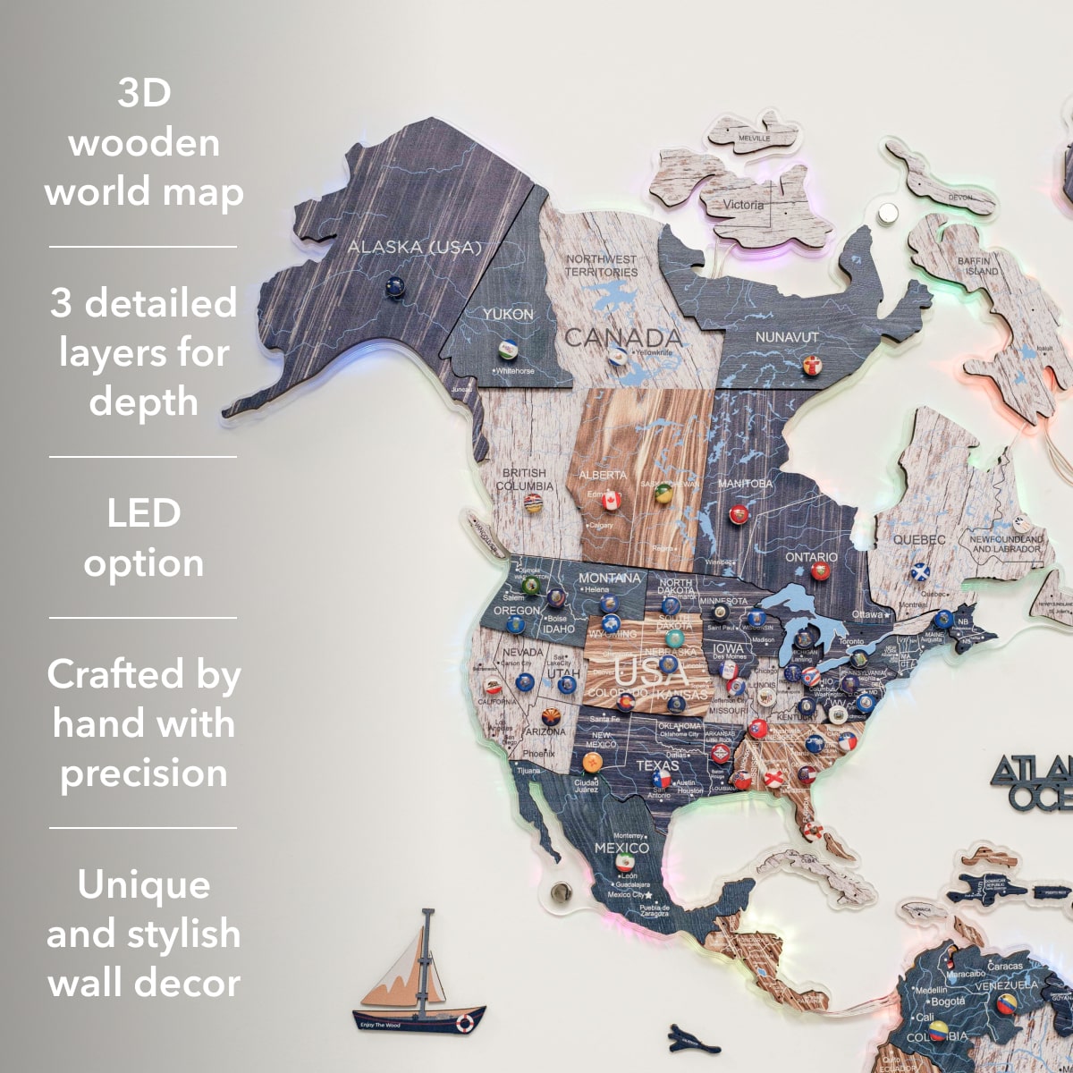 3D Luminous LED Wooden World Map 2.0 Mystery Wall Art Decor