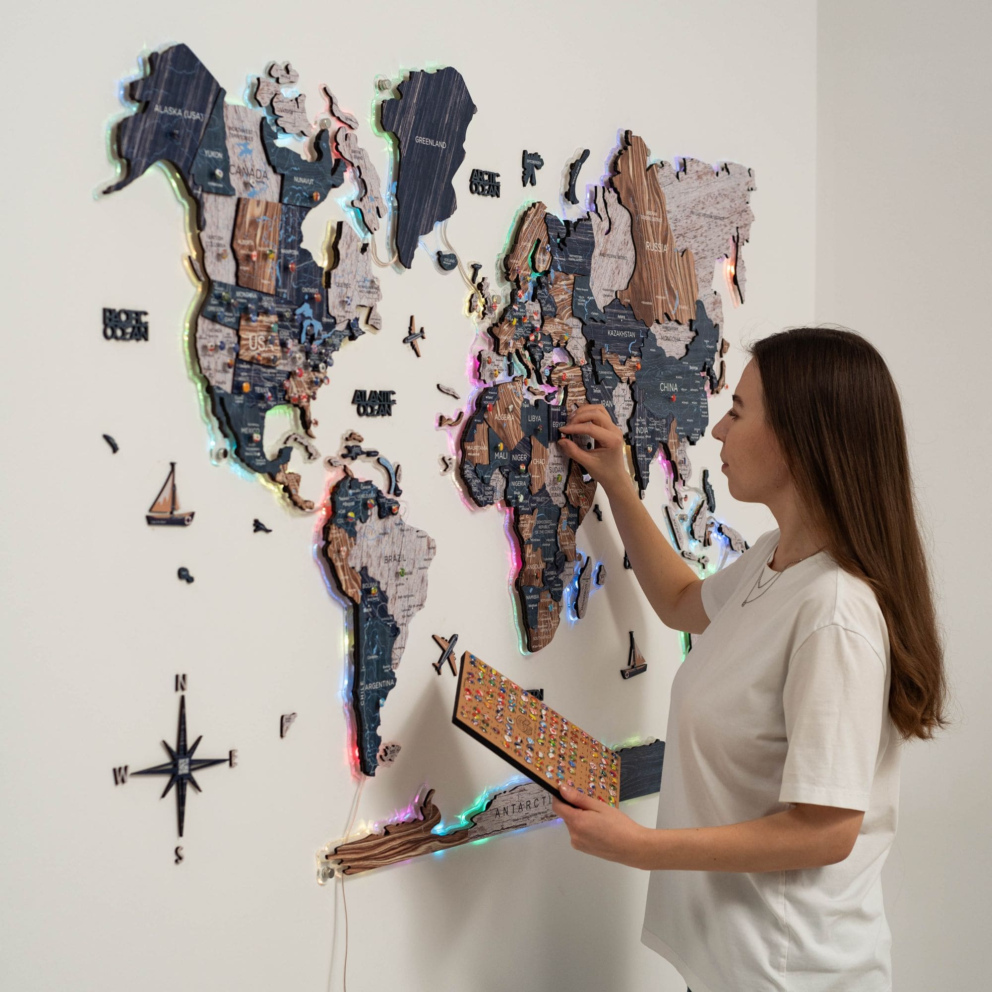 3D Luminous LED Wooden World Map 2.0 Mystery wall art with illuminated continents
