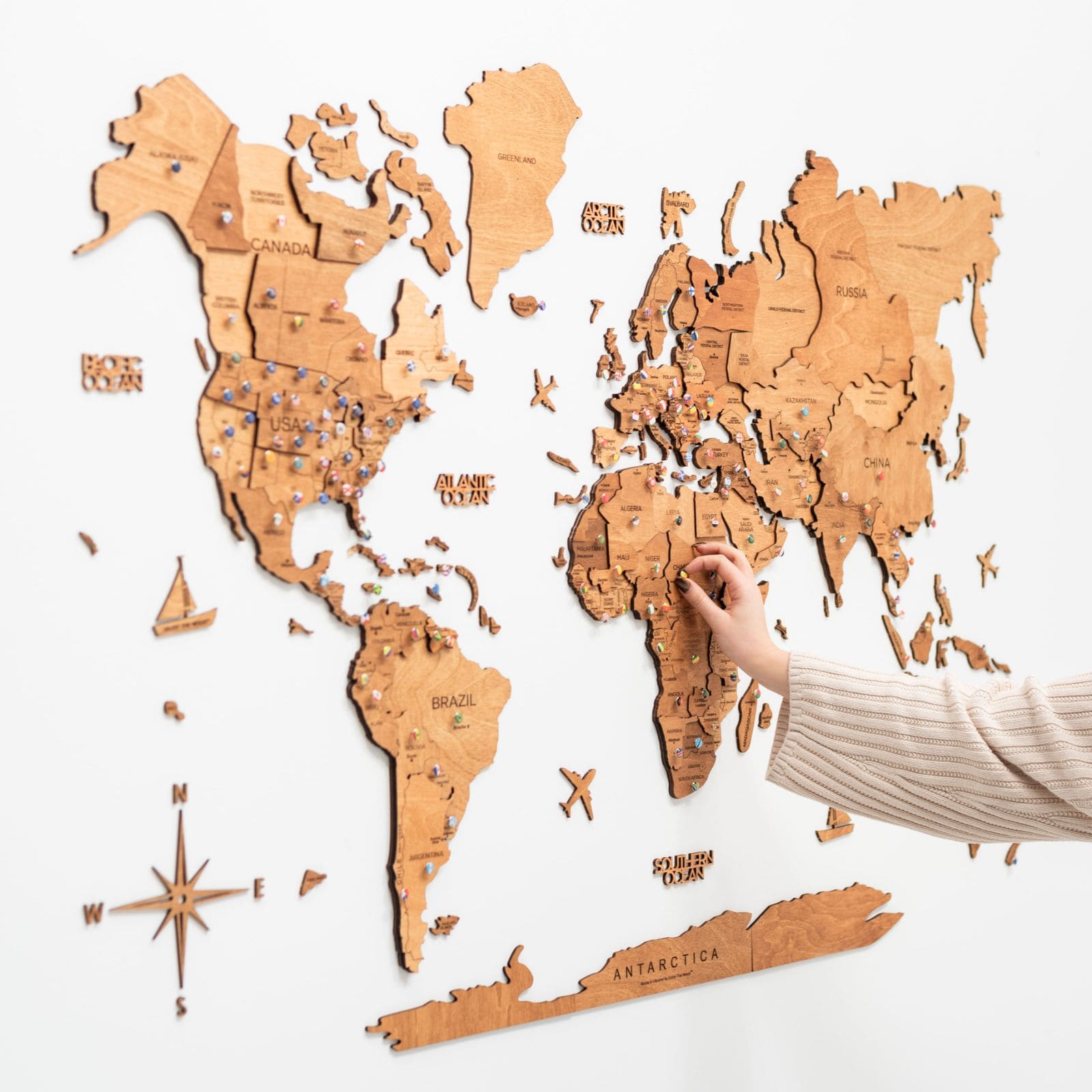 3D Wooden World Map Oak Modern Travel-Inspired Wall Art