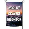 World's Okayest Neighbor garden flag with purple and orange sunset gradient on a metal stand