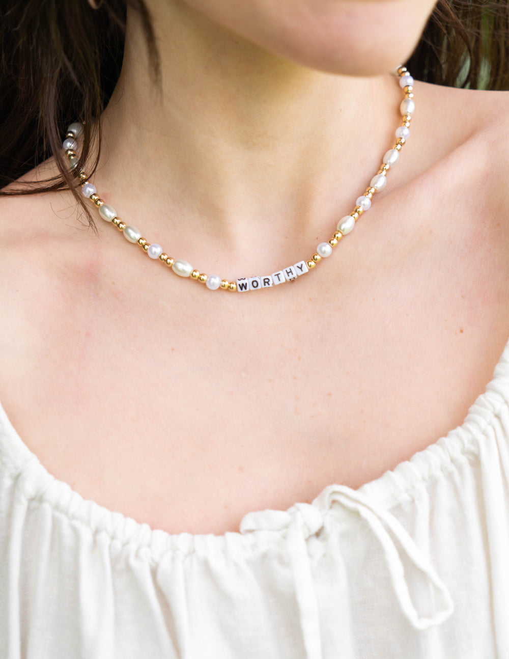 Worthy Letter Necklace in White and Gold