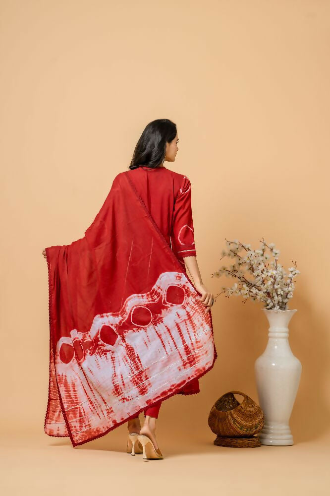 Red Tie & Dye Cotton Suit Set for Women