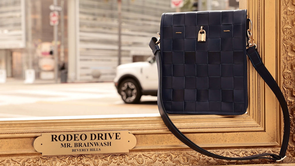Woven Leather Navy Blue Crossbody Bag with Gold Lock Detail - Image 4
