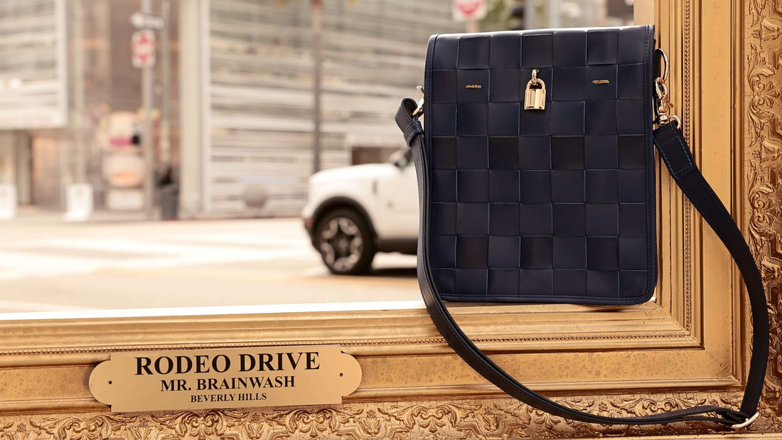 Woven Leather Navy Blue Crossbody Bag with Gold Lock Detail - Image 4