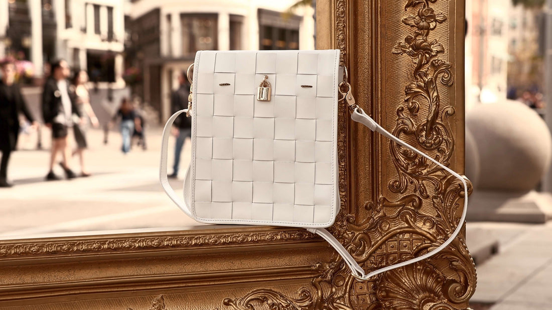 Woven Leather White Crossbody Bag with Signature Lock