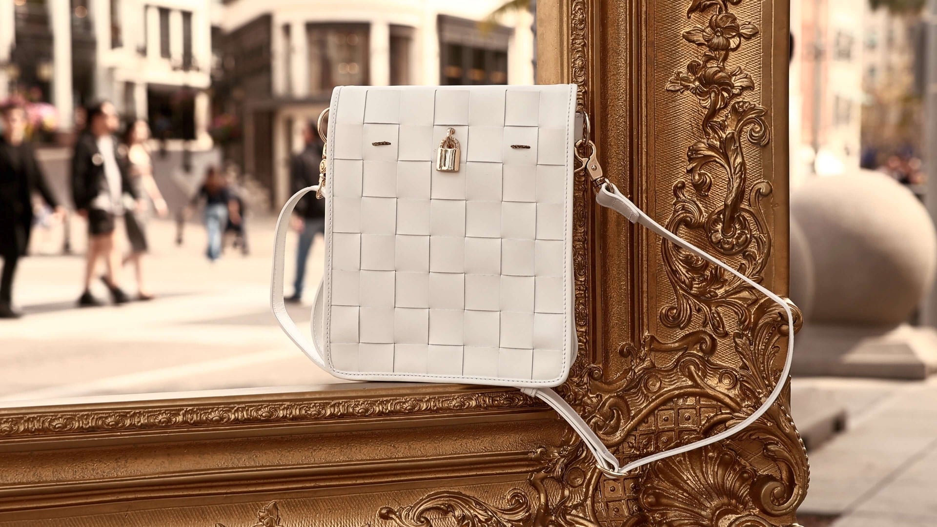 Woven Leather White Crossbody Bag with Signature Lock