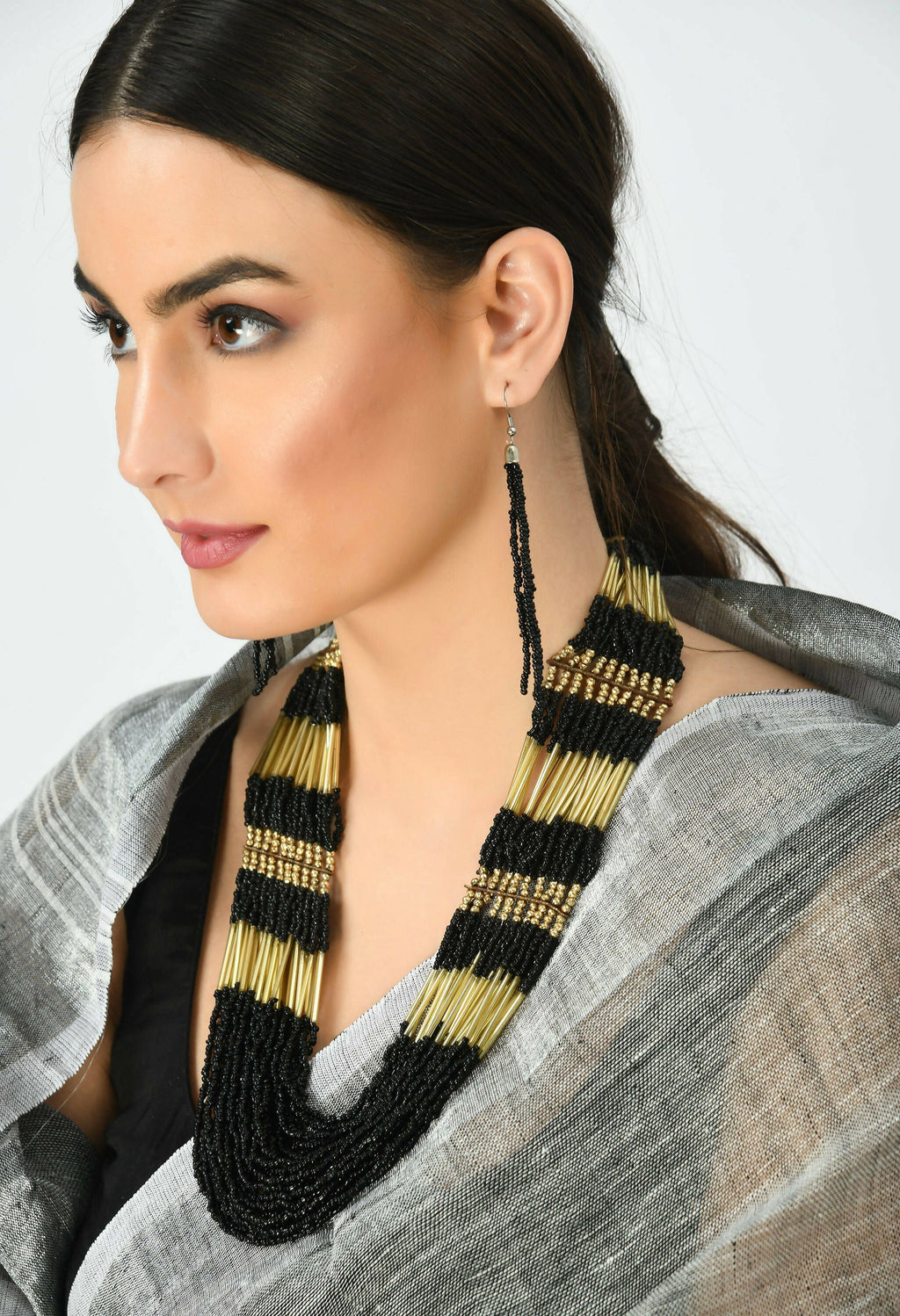 Black and Golden Handicraft Finish Beads Work Long Necklace