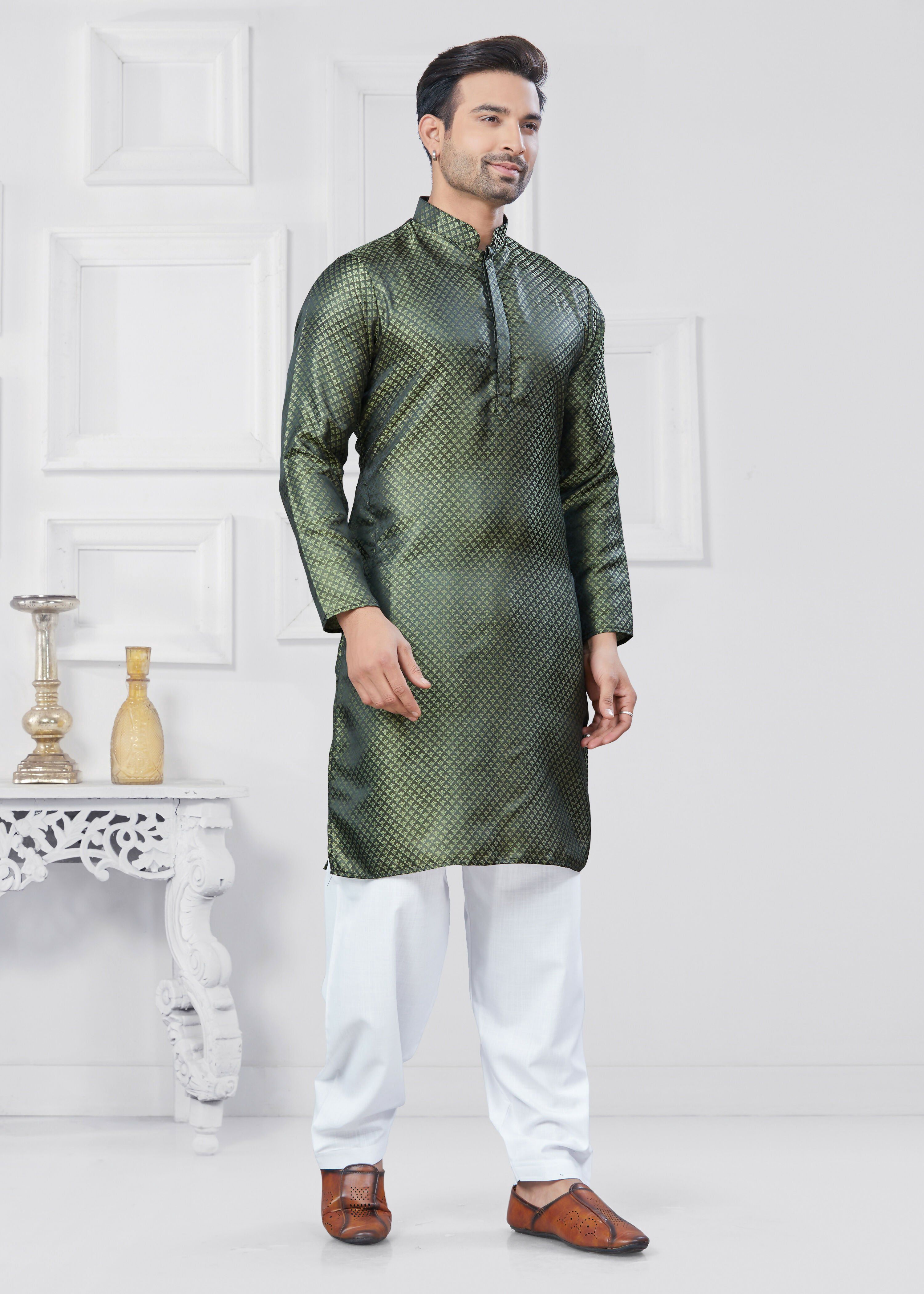 Men's Jacquard Silk Green Printed Kurta Pyjama Set - Traditional