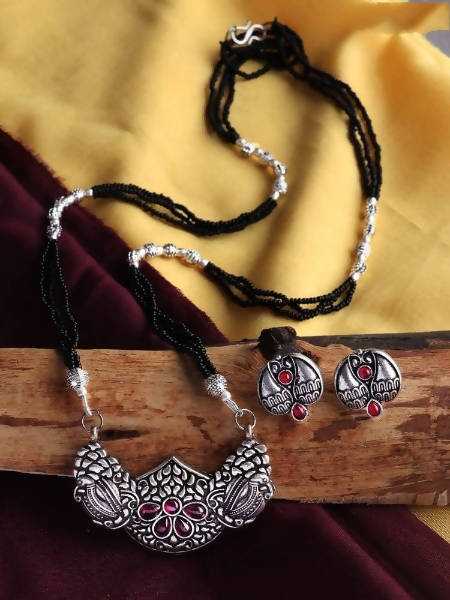 Johar Kamal Oxidised Silver Mangalsutra with Red Stone center piece