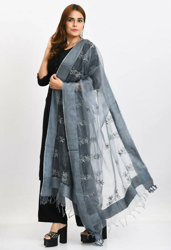 Grey Organza Dupatta with All Over Chikan Embroidery Work