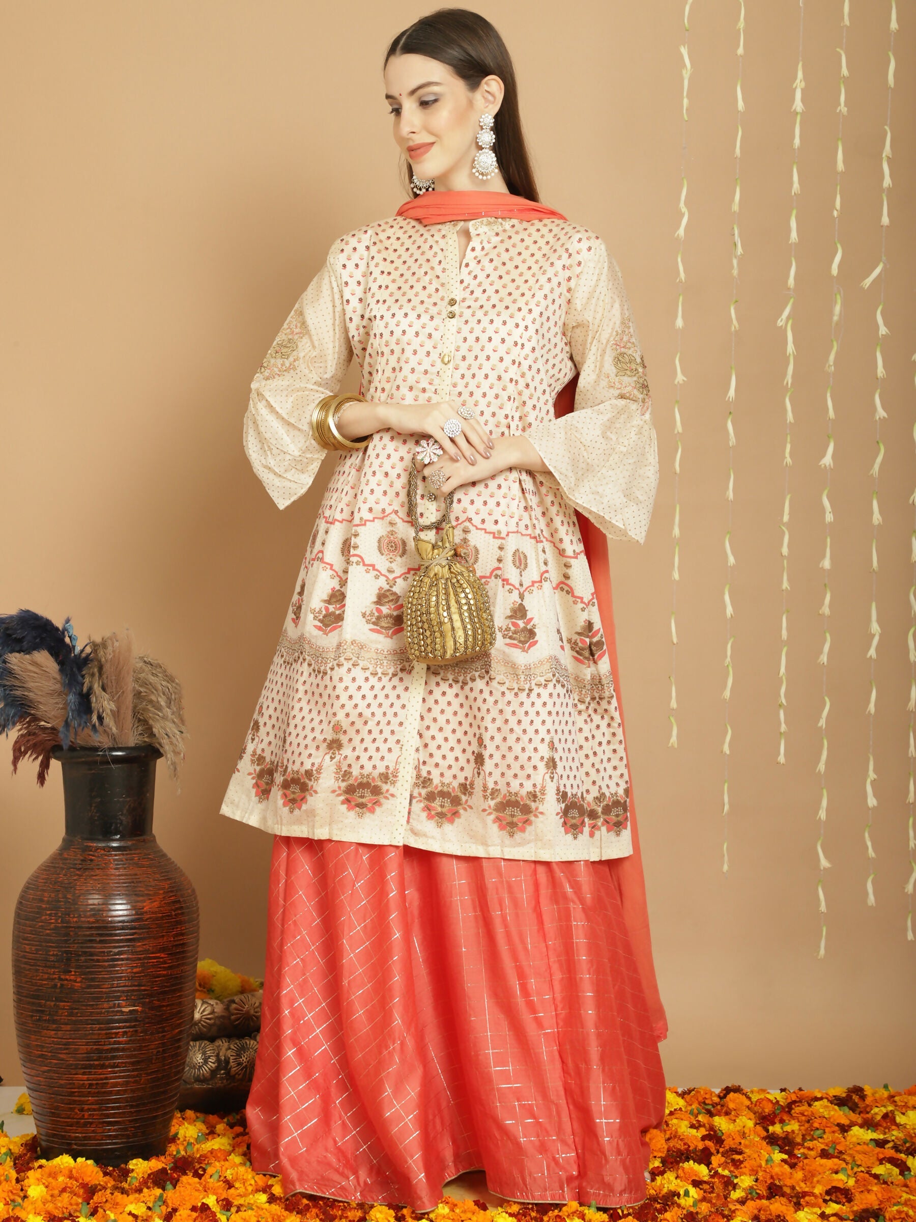 Cream Chanderi Silk A-Line Kurta Set with Jardoshi Detailing
