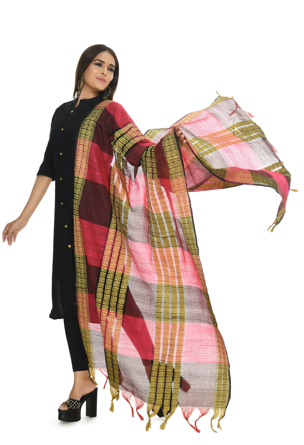 Rani Tone Handloom Cotton Dupatta with Geometric Pattern
