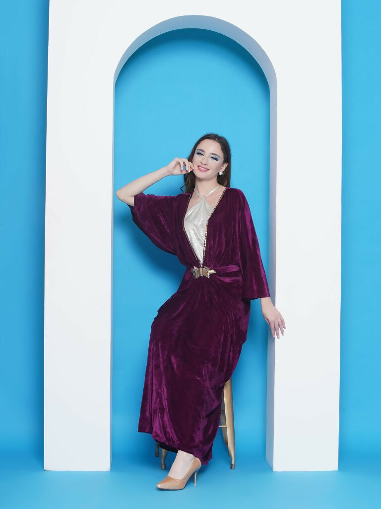 Wine Velvet Gown with Silver Halter Neck Inner - Evening Wear
