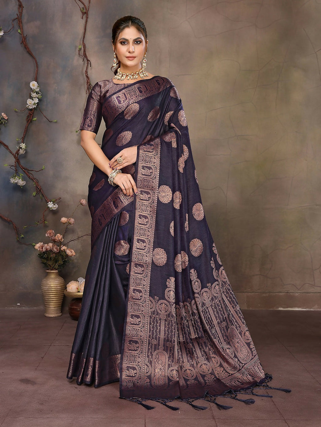 Navy Blue Woven Jacquard Banarasi Silk Saree with unstitched blouse