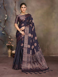 Navy Blue Woven Jacquard Banarasi Silk Saree with unstitched blouse