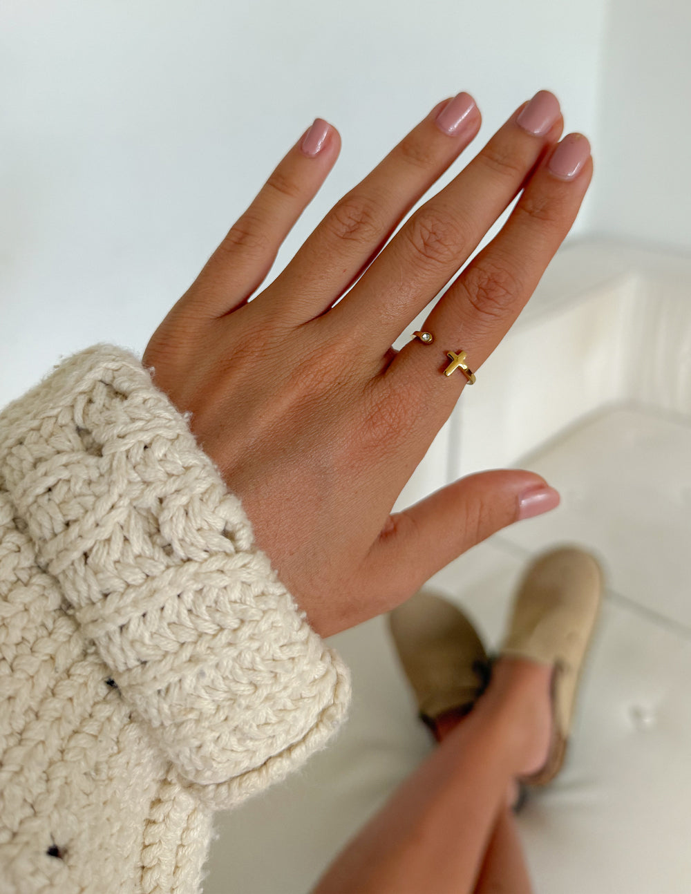 Wrapped Cross Gem Ring: Minimalist Gold Adjustable Statement Piece