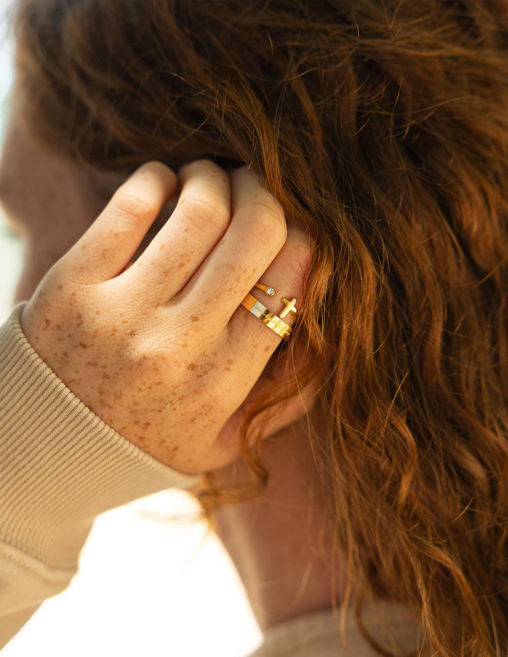 Wrapped Cross Gem Ring: Minimalist Gold Adjustable Statement Piece